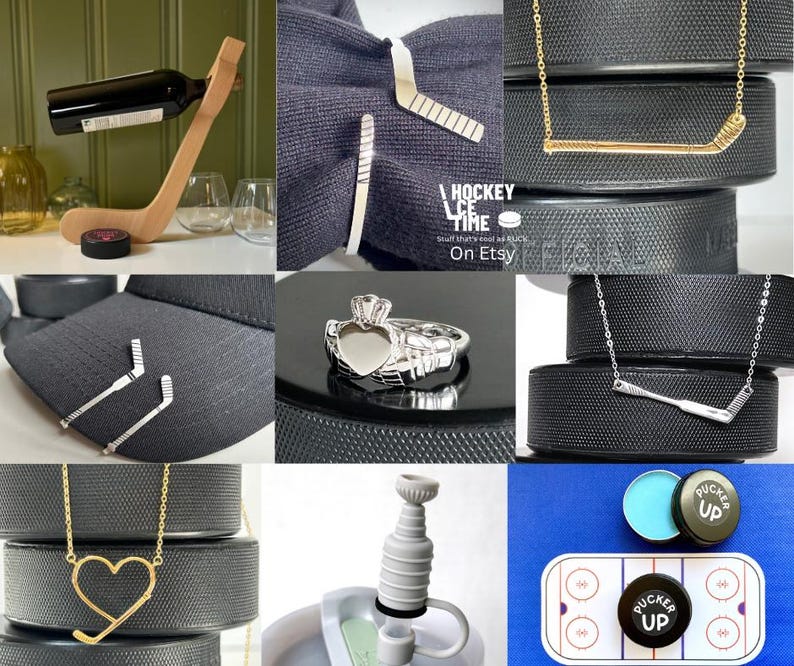 May include: A collection of hockey-themed items, including a wooden wine bottle holder shaped like a hockey stick, silver hockey stick tie clips, gold and silver hockey stick necklaces, a silver ring, and a hockey puck bottle stopper.