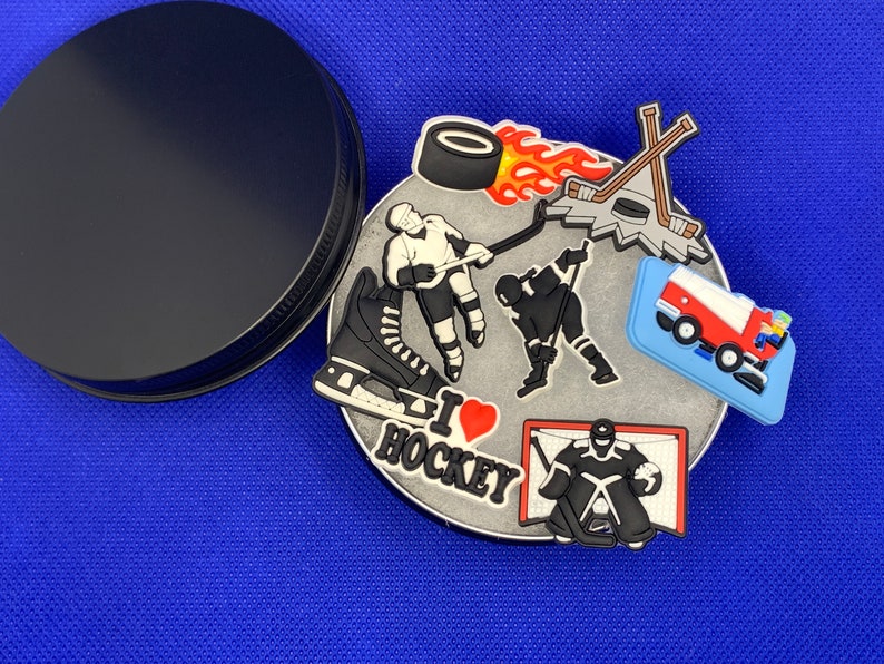 May include: A silver charm with a hockey theme. The charm features a hockey player, a hockey stick, a puck, a net, and the words "I love hockey".
