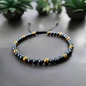 14K Solid Gold (4mm.) with Hematite Round Stone Beaded Bracelet Unisex –Elegant Design with Black Cord, String, Gift, Luxury