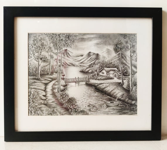 Original Black And White Landscape Pencil Sketch Drawing Etsy