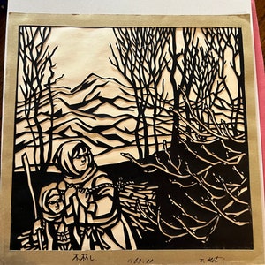 Arte giapponese ritagliata su carta "Winter Wind" di J Kato