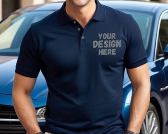 Premium Mens Navy Blue Poloshirt Template, Male Dark Blue Collard Polo Mockup, Mock Ups for Mens Sports Polo, Mockup for Golf Dad Shirt