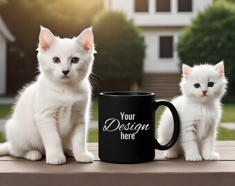 Black Mug Mockup 11oz. Black Coffee Cup in Front of White Cats. Print on Demand Mug Mockup for Your Creative Desings. Black Mug Template.