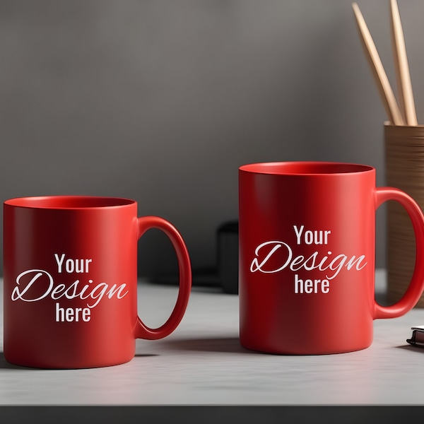 Red Duo Mug Mockup for Your Creative Ideas. Showcase Your Art with Our Red Colored Mug Mockup. A Coffee Cup for Print on Demand.