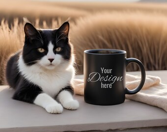 Black Cat Mug Mockup. Black Mug in Front of Beloved Pets. Print on Demand Mug Mockup for Your Creative Desings. Black Mug Template.