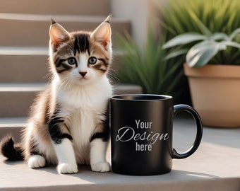 Black Cat Mug Mockup. Black Mug in Front of Beloved Pets. Print on Demand Mug Mockup for Your Creative Desings. Black Mug Template.