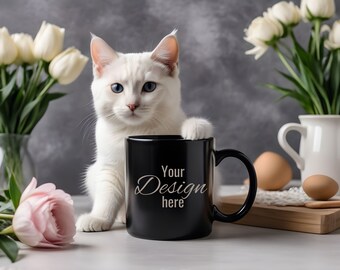 Black Cat Mug Mockup. Black Mug in Front of Beloved Pets. Print on Demand Mug Mockup for Your Creative Desings. Black Mug Template.