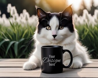 Black Cat Mug Mockup. Black Mug in Front of Beloved Pets. Print on Demand Mug Mockup for Your Creative Desings. Black Mug Template.