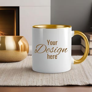 Luxury Gold Handle Mockup Mug. White Gift Mug with Gold Accent. Two Tone Mug with Gold Handle & Color Inside. Cup Template Print on Demand.