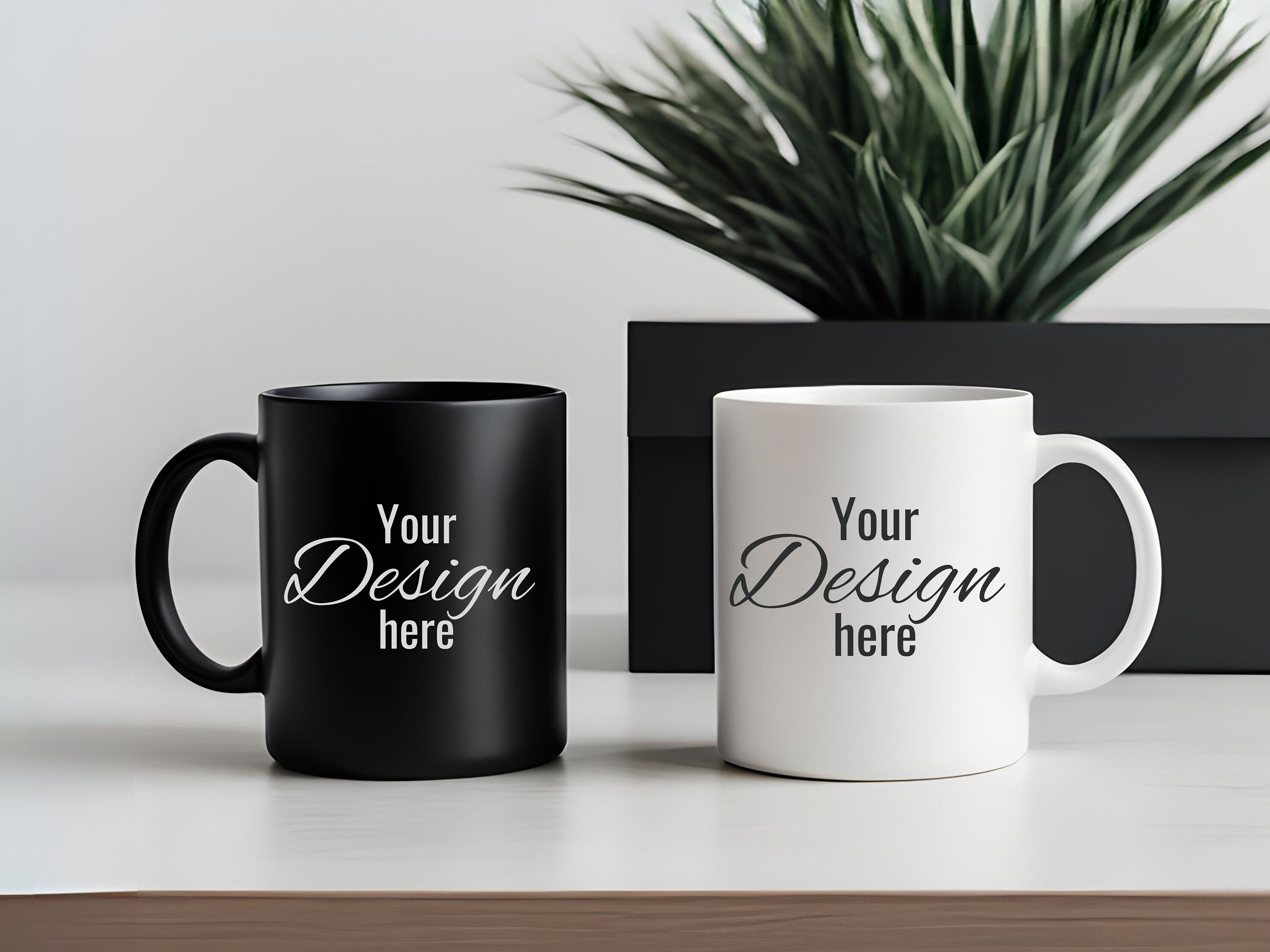 Duo Mug Mockup for Print on Demand. Black & White Twin Mugs Mockup, Left and Right Hand, Front and Back, Coffee Cup Template