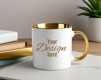Luxury Gold Handle Mockup Mug. White Mug with Gold Accent. Two Tone Mug with Gold Color Handle & Color Inside. Cup Template Print on Demand.