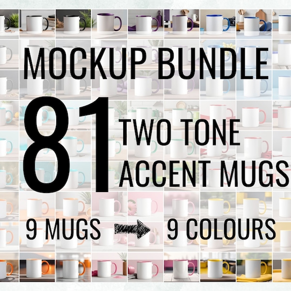 Premium Accent Mug Mockup Bundle. 81 Mugs in 9 Colors Available. Two Tone Mugs with Color inside and Colored Handle for Print on Demand.