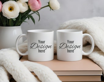 Two Mugs Mockup for Print on Demand. Left and Right Handle, Both Side Mug ,Front and Back, White Ceramic Mug 11oz, Twin Mug Mockup,