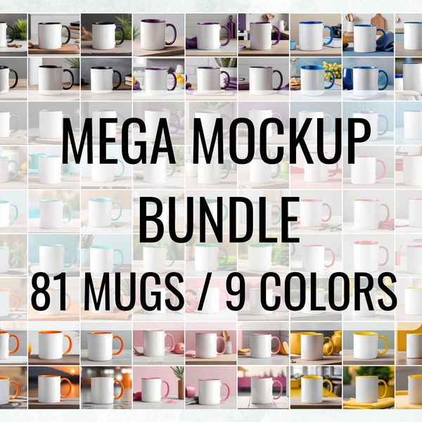 Two Tone Mug Mockup Bundle. 81 Mugs in 9 Colors available. Accent Mug with colour inside and coloured handle for Print on Demand.