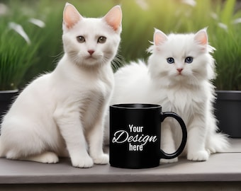 Black Mug Mockup 11oz. Black Coffee Cup in Front of White Cats. Print on Demand Mug Mockup for Your Creative Desings. Black Mug Template.