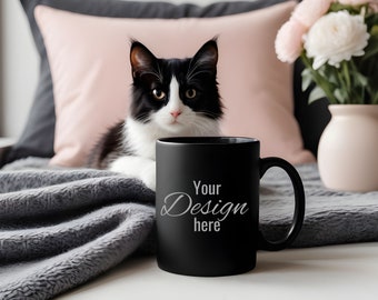 Black Cat Mug Mockup. Black Mug in Front of Beloved Pets. Print on Demand Mug Mockup for Your Creative Desings. Black Mug Template.