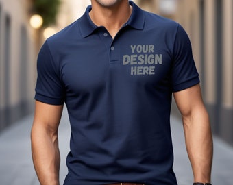 Premium Navy Blue Poloshirt Mockup for Print on Demand. Ideal for Your Company, Your Brand or Your Sports Club. Gift for Him. Polo Template.