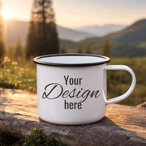 Beautiful White Outdoor Mockup Mug. Enamel Caming Mug, Personalized Gift for Dad and Grandpa. Customise Print on Demand Coffe Cup Template.