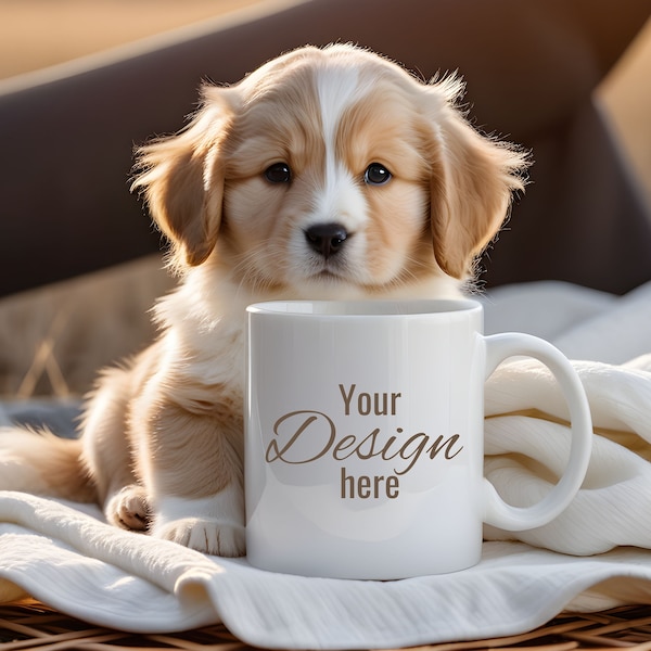 Cute Puppy Mug Mockup 11oz. White Mug in front of Beloved Pets. Print on Demand Dog Mug Mocks for Your Creative Desings. Coffee Cup Template