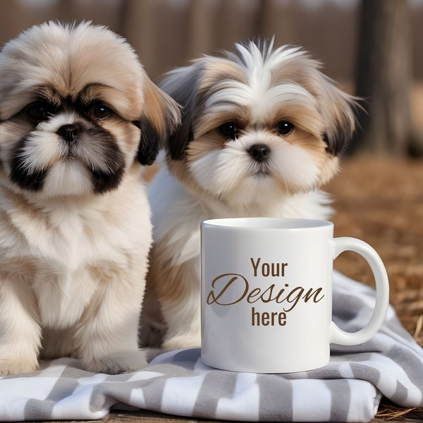 White Shih Tzu Mug Mockup. White mug in front of beloved pets. Print on demand mug mockup for your creative desings. Mockup mug dog.