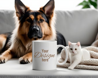 White pet mug mockup. White mug in front of beloved pets. Print on demand mug mockup with cat and dog. White kitty mug template.