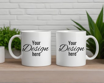 Duo Mug Mockup for Print on Demand. White Ceramic Mug 11oz, Twin Mug Mockup, Left and Right Handle, Front and Back, Coffee Cup Template