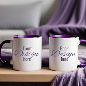 Premium Two Tone Accent Mug Mockup. Purple Duo Accent Mug Mockup. White Mug Front and Back, Left and Right Hand, Print on Demand. POD