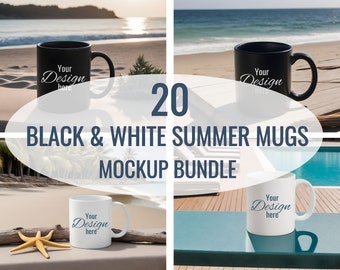 20 Black & White Summer Mug Mockups. Black and White Mug Mockup Bundle. Mugs at Beach, Poolbar and Poolside. Print on Demand.