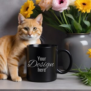 Black Cat Mug Mockup. Black Mug in Front of Beloved Pets. Print on Demand Mug Mockup for Your Creative Desings. Black Mug Template.