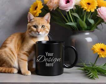 Black Cat Mug Mockup. Black Mug in Front of Beloved Pets. Print on Demand Mug Mockup for Your Creative Desings. Black Mug Template.