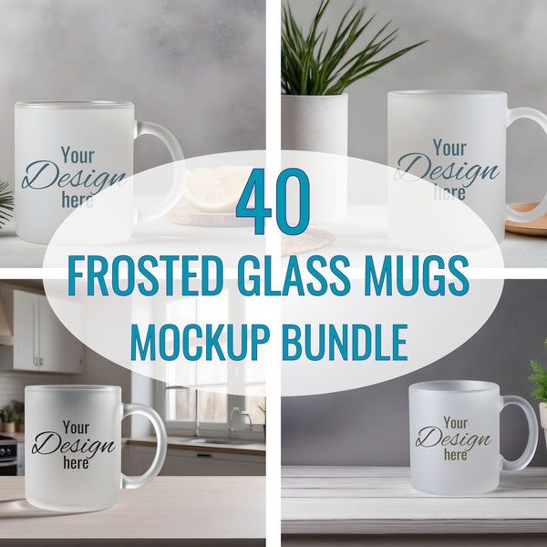 Frosted Glass Mug Mockup Bundle. 40 Glass & Frosted Glass Mug Mockups for Your Creative Ideas. Ideal for your Print on Demand Designs.