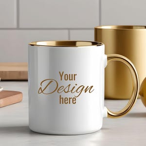 Luxury Gold Accent Mug Mockup. White Mug with Gold Handle. Two Tone Mug with Gold Color Handle & Color Inside. Cup Template Print on Demand.