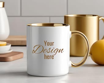 Luxury Gold Accent Mug Mockup. White Mug with Gold Handle. Two Tone Mug with Gold Color Handle & Color Inside. Cup Template Print on Demand.