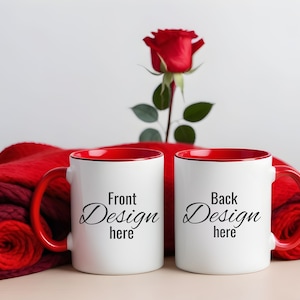 Premium Two Tone Accent Mug Mockup. Red Duo Accent Mug Mockup. White Mug Front and Back, Left and Right Hand, Print on Demand. POD
