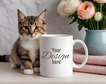 White cat mug mockup. White mug in front of beloved pets. Print on demand mug mockup for your creative desings. White mug template.