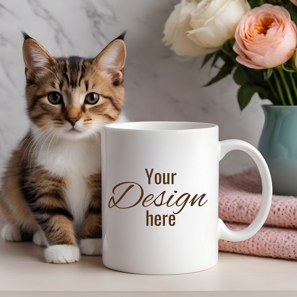 White cat mug mockup. White mug in front of beloved pets. Print on demand mug mockup for your creative desings. White mug template.