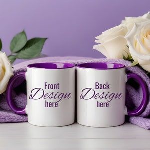 Premium Two Tone Accent Mug Mockup. Purple Duo Accent Mug Mockup. White Mug Front and Back, Left and Right Hand, Print on Demand. POD