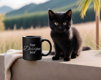 Black Cat Mug Mockup. Black Mug in Front of Beloved Pets. Print on Demand Mug Mockup for Your Creative Desings. Black Mug Template.