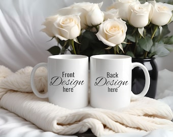 Two White Mugs Mockup for Print on Demand. White Ceramic Mug 11oz, Twin Mug Mockup, Left and Right Handle, Front and Back, Cup Template