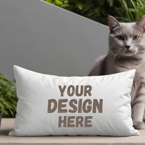 Sweet Kitty Mockup Pillow. Square White Pillow Template for Print on Demand. Cotton Throw Pillow for Pet Lovers. Customizable Cat Mock Up.