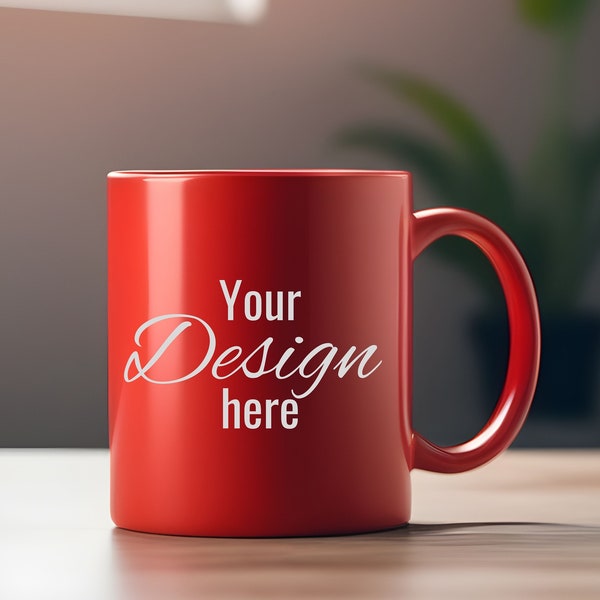 Red Mug Mockup for Your Creative Ideas. Showcase Your Art with Our Red Colored Mug Mockup. A Coffee Cup for Print on Demand.