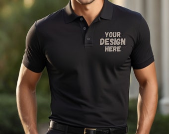 Premium Black Poloshirt Mockup for Print on Demand. Ideal for Your Company, Your Logo, Brand or Your Sports Club. Men's Customize Gift.