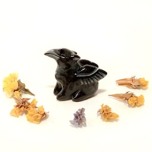 May include: Black obsidian dragon figurine with wings, sitting on a white surface with dried flowers around it.