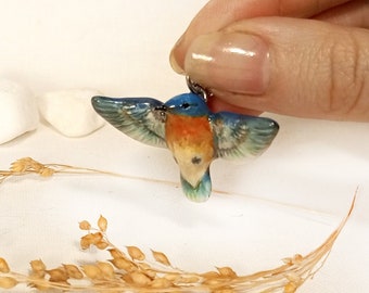 Eastern Bluebird necklace Flying clay bird pendant Tiny hand-painted jewelry Cute animal charm Small handmade charm summer / spring gift