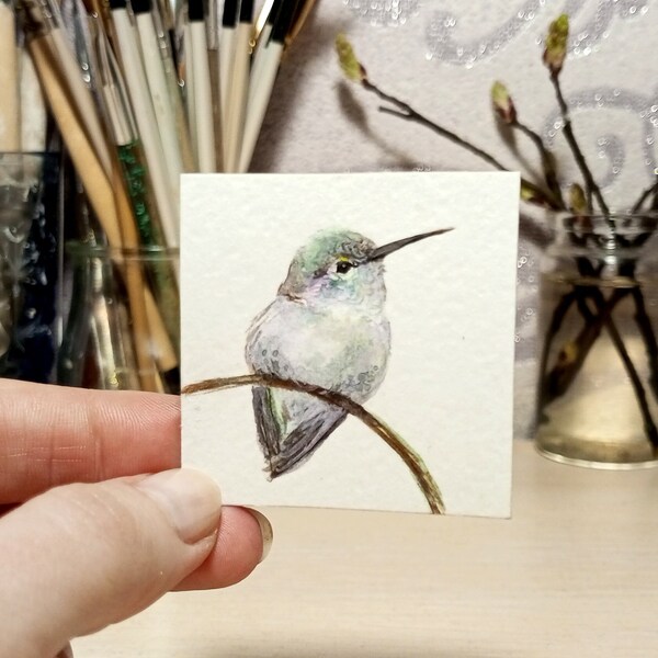 Mini Hummingbird painting 2x2" Miniature art Bird Hand-painted ORIGINAL watercolor artwork  Small realistic wall decor Tiny gift for house