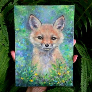 Fox Oil Painting ORIGINAL Cute Baby Fox Art 6x8 Animal Portrait Small Canvas Wall Art Mini Handmade Artwork by Alenka Sense