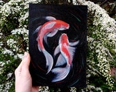 Koi fish oil painting couple Original art animal painting on canvas Japanese Feng Shui Small artwork wall art 6 x 8 quot by Alenka Sense Gift