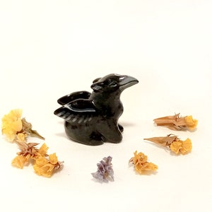 May include: Black obsidian griffin figurine with wings outstretched, sitting on a white surface with dried flowers around it.