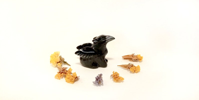May include: Black obsidian griffin figurine with wings outstretched, sitting on a white surface with dried flowers around it.