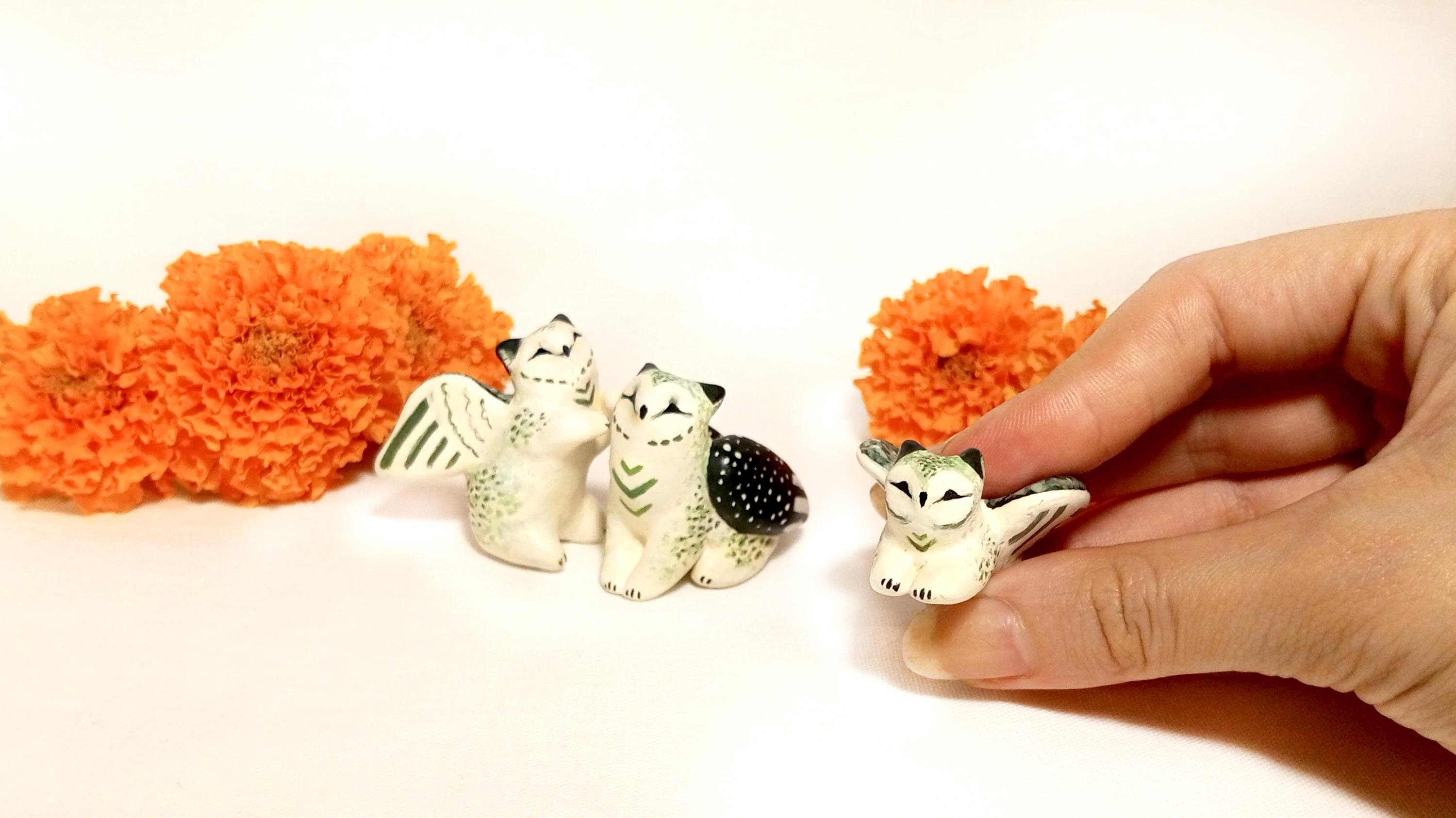 White-green Griffin Family 3 statues Snowy owl griffin TO ORDER Clay fantasy animal OOAK Miniature s